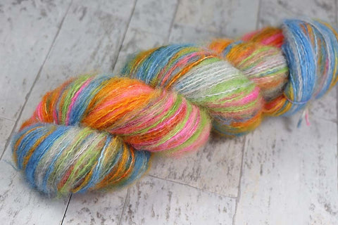 POOLSIDE SUNSET: Baby Alpaca, Merino, Cotton - Hand dyed variegated fluffy fingering yarn