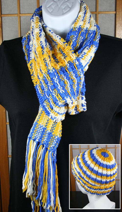 BLUE and GOLD SCARF & HAT - Handwoven Hand dyed scarf and beanie hat