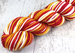 RED GOLD WHITE : SW Merino-Nylon - Self-Striping Hand dyed DK yarn (long stripe) - KANSAS CITY, LOS ANGELES