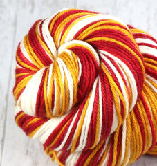 RED GOLD WHITE : SW Merino-Nylon - Self-Striping Hand dyed DK yarn (long stripe) - KANSAS CITY, LOS ANGELES