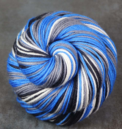 BLUE GRAY BLACK WHITE: SW Merino-Nylon - Self-striping Hand dyed DK yarn (long stripe) - DETROIT