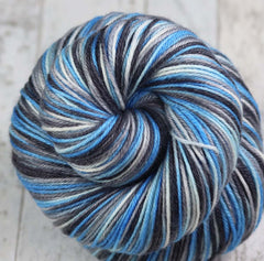 BLUE GRAY BLACK WHITE: SW Merino/Cashmere/Nylon - Hand dyed Variegated sock yarn - DETROIT