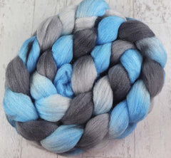 BLUE GRAY BLACK WHITE: Rambouillet Merino Bright Nylon roving - 4.0 oz - Hand dyed spinning wool