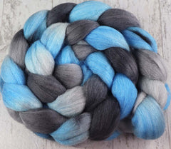 BLUE GRAY BLACK WHITE: Rambouillet Merino Bright Nylon roving - 4.0 oz - Hand dyed spinning wool