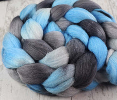 BLUE GRAY BLACK WHITE: Rambouillet Merino Bright Nylon roving - 4.0 oz - Hand dyed spinning wool
