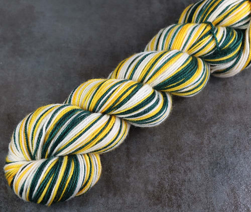 GREEN GOLD WHITE: SW Merino/Nylon - Self-striping Hand dyed Sport weight yarn (long stripe) - GREEN BAY, OAKLAND