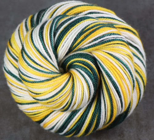 GREEN GOLD WHITE: SW Merino/Nylon - Self-striping Hand dyed Sport weight yarn (long stripe) - GREEN BAY, OAKLAND