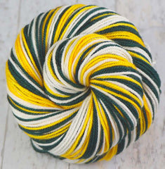 GREEN GOLD WHITE: SW Merino/Nylon - Self-striping Hand dyed Sport weight yarn - GREEN BAY, OAKLAND