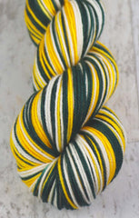 GREEN GOLD WHITE: SW Merino/Nylon - Self-striping Hand dyed Sport weight yarn - GREEN BAY, OAKLAND
