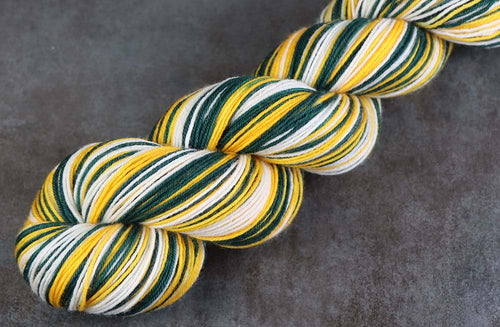 GREEN GOLD WHITE: SW Merino/Nylon - Self-striping Hand dyed Sock yarn - GREEN BAY, OAKLAND