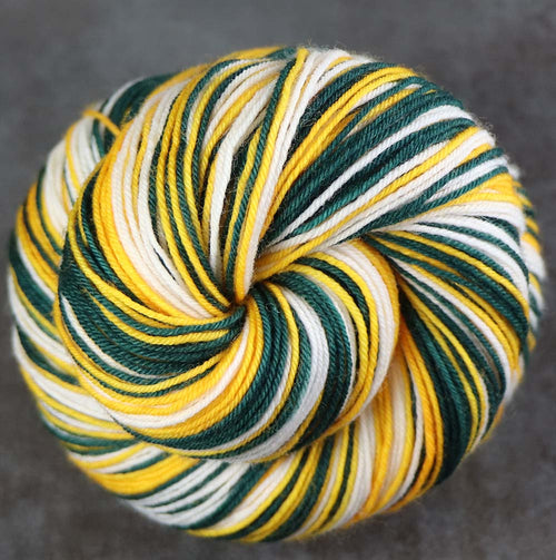 GREEN GOLD WHITE: SW Merino/Nylon - Self-striping Hand dyed Sock yarn - GREEN BAY, OAKLAND