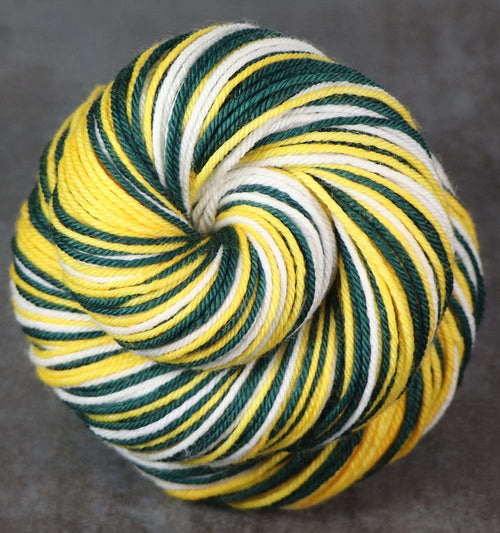 GREEN GOLD WHITE : SW Merino-Nylon - Self-Striping Hand dyed DK yarn - GREEN BAY, OAKLAND