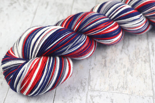 BLUE RED GRAY WHITE: SW Merino/Nylon - Hand-dyed Self-Stripe Sock Yarn - NEW ENGLAND, COLUMBUS
