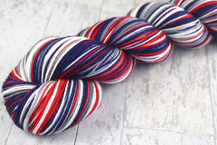BLUE RED GRAY WHITE: SW Merino/Nylon - Hand-dyed Self-Stripe Sock Yarn - NEW ENGLAND, COLUMBUS