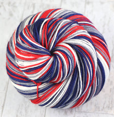 BLUE RED GRAY WHITE: SW Merino/Nylon - Hand-dyed Self-Stripe Sock Yarn - NEW ENGLAND, COLUMBUS