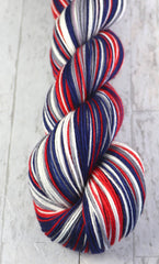 BLUE RED GRAY WHITE: SW Merino/Nylon - Hand-dyed Self-Stripe Sock Yarn - NEW ENGLAND, COLUMBUS