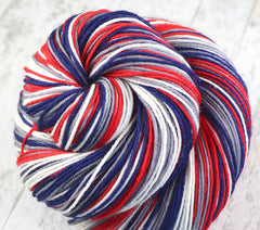 BLUE RED GRAY WHITE: SW Merino/Nylon - Hand-dyed Self-Stripe Sock Yarn - NEW ENGLAND, COLUMBUS