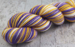 PURPLE GOLD WHITE: Fine Organic Merino - Self-striping Hand dyed Worsted yarn - MINNESOTA, LOS ANGELES