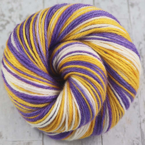 PURPLE GOLD WHITE: Fine Organic Merino - Worsted - Hand dyed self-striping yarn - MINNESOTA, LOS ANGELES