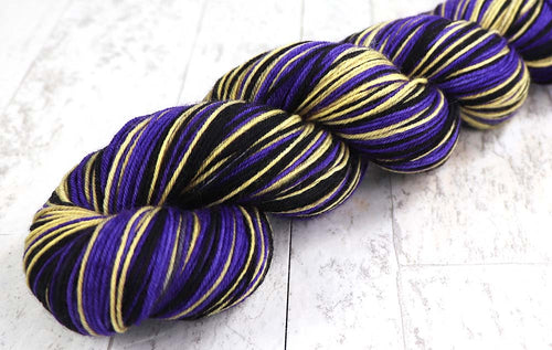 PURPLE-GOLD-BLACK: SW Merino/Nylon - Hand dyed Self-Striping sock yarn - BALTIMORE