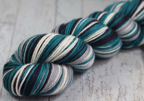 TEAL BLACK GRAY WHITE: Fine Organic Merino - Worsted - Hand dyed self-striping yarn - PHILADELPHIA, SAN JOSE