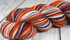 Dyed-To-Order: BLUE-BURNT ORANGE-WHITE - Hand dyed Sports Team Self Striping Sock Yarn - CHICAGO