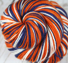 Dyed-To-Order: BLUE-BURNT ORANGE-WHITE - Hand dyed Sports Team Self Striping Sock Yarn - CHICAGO