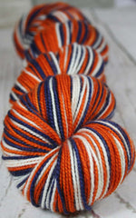 Dyed-To-Order: BLUE-BURNT ORANGE-WHITE - Hand dyed Sports Team Self Striping Sock Yarn - CHICAGO