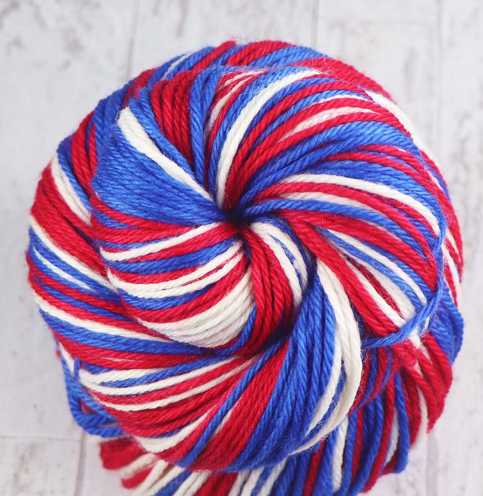 RED - BLUE - WHITE : SW Merino Worsted weight - Hand Dyed Self-striping yarn - BUFFALO, MONTREAL, NEW YORK