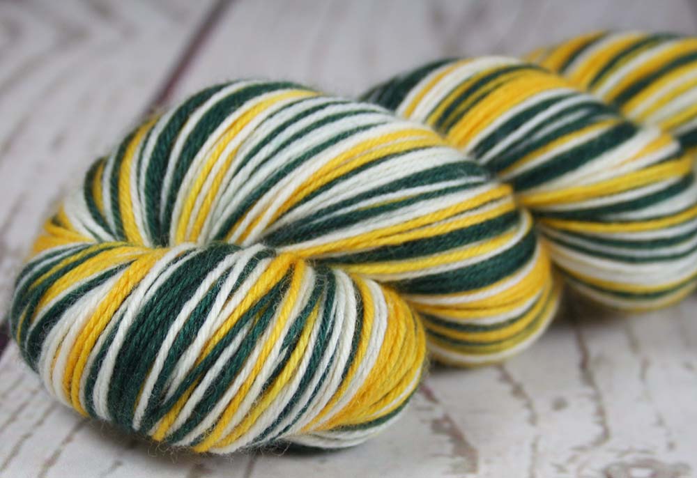 Dyed-To-Order: GREEN-GOLD-WHITE - Hand dyed Sports Team Self Striping Sock Yarn - GREEN BAY, OAKLAND