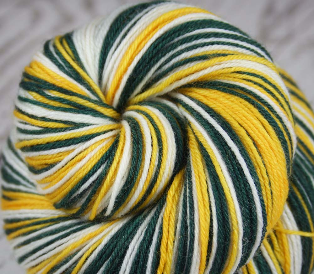 Dyed-To-Order: GREEN-GOLD-WHITE - Hand dyed Sports Team Self Striping Sock Yarn - GREEN BAY, OAKLAND
