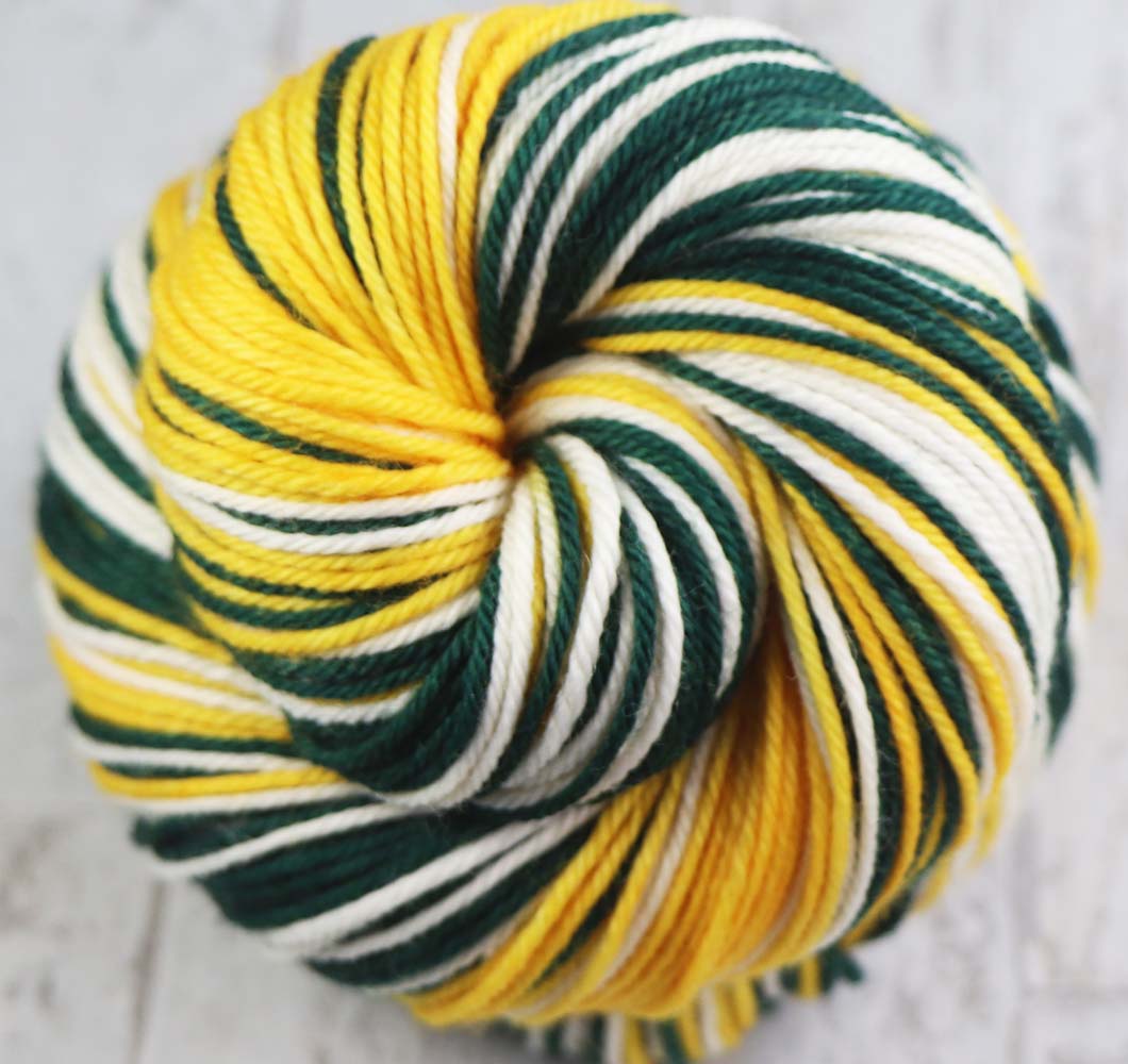GREEN - GOLD - WHITE : SW Merino-Nylon DK - Hand dyed Self-Striping yarn - GREEN BAY, OAKLAND