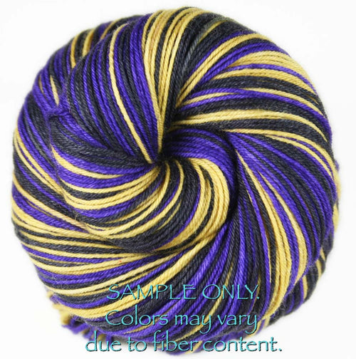 Dyed-To-Order: PURPLE-GOLD-BLACK - Hand dyed Sports Team Self Striping Sock Yarn - BALTIMORE