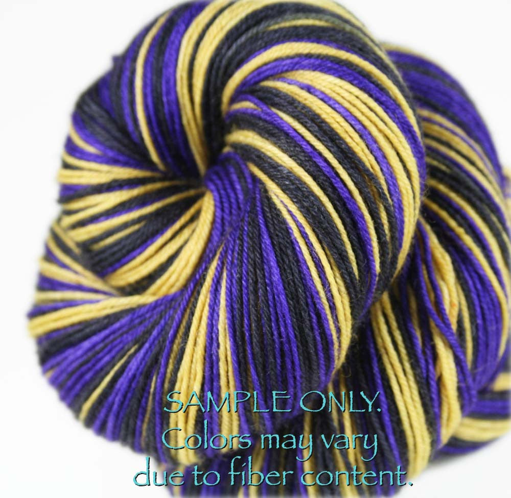 Dyed-To-Order: PURPLE-GOLD-BLACK - Hand dyed Sports Team Self Striping Sock Yarn - BALTIMORE