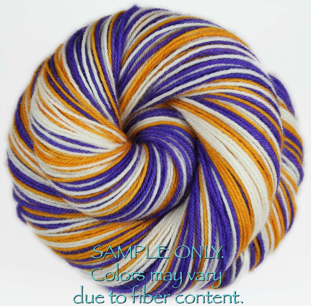 Dyed-To-Order: PURPLE-GOLD-WHITE - Hand dyed Sports Self Striping Sock Yarn - MINNESOTA, LOS ANGELES